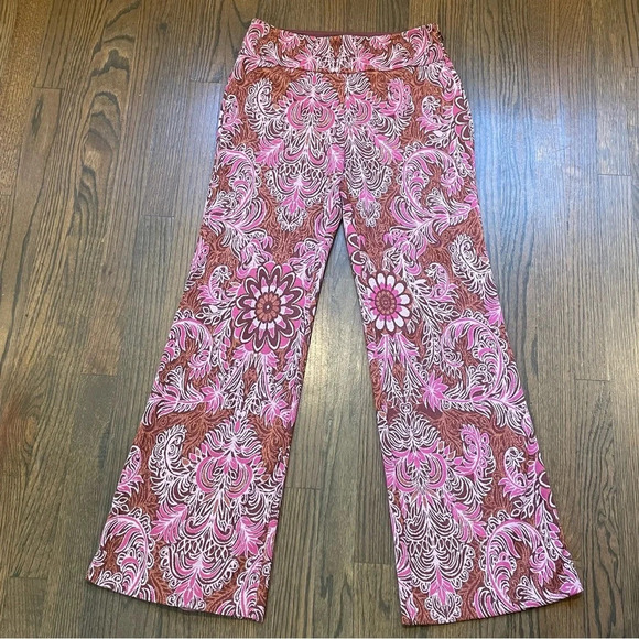 ANTHROPOLOGIE MAEVE Maria Paisley Boho Pink Metallic PANTS Flare Gold 10 - Picture 3 of 12